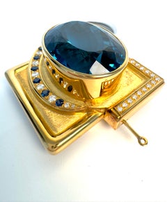 Large Burle Marx Bruno Guidi 18k Gold Blue Topaz Sapphire Pendant Brooch