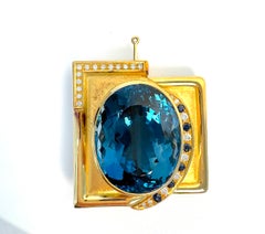 Large Burle Marx Bruno Guidi 18k Gold Blue Topaz Sapphire Pendant Brooch