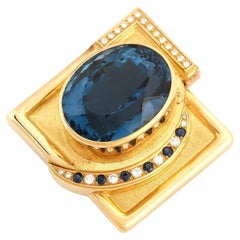 Large Burle Marx Bruno Guidi 18k Gold Blue Topaz Sapphire Pendant Brooch