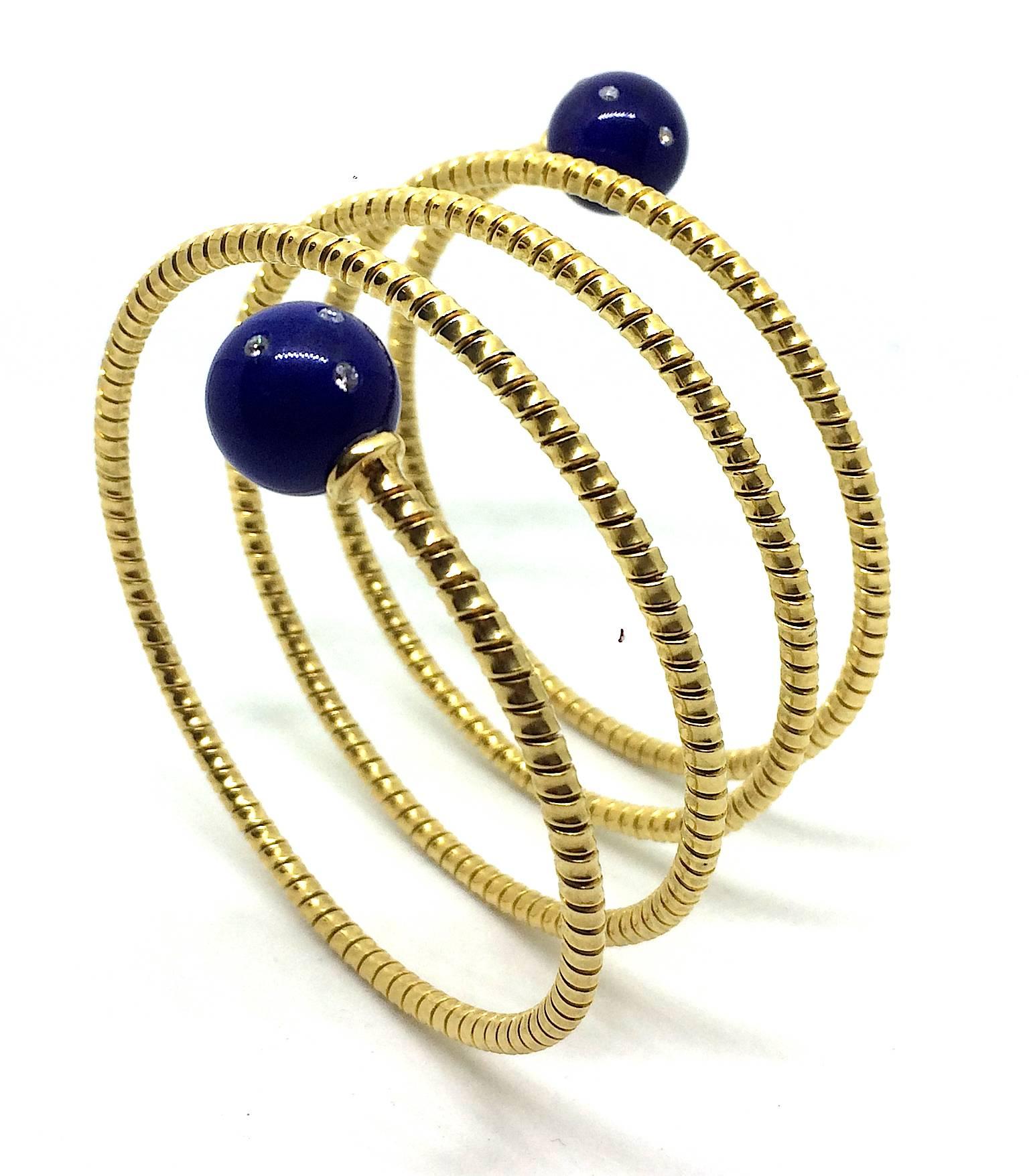 Carlo Weingrill tiny tubogas snake bracelet with two sphere of lapislazuli and diamonds. Steel spring inside 