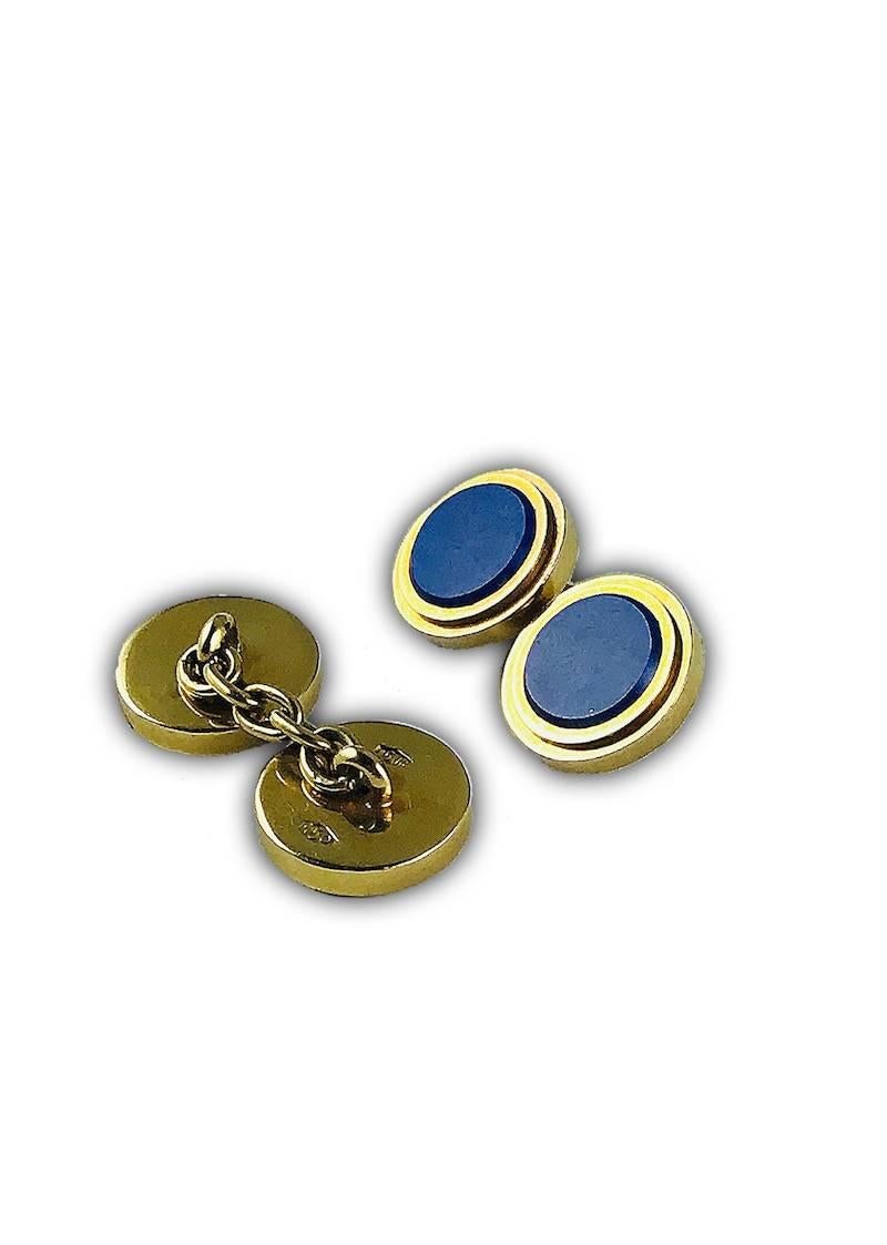 Carlo Weingrill round cufflinks in yellow gold with lapis lazuli