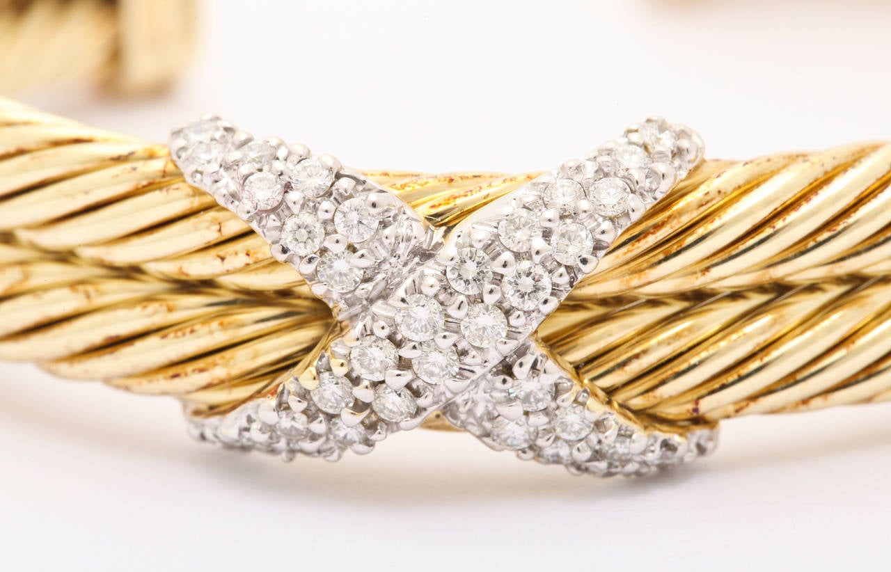 Contemporary 1990s David Yurman Two Row Diamond Gold Cable Bracelet