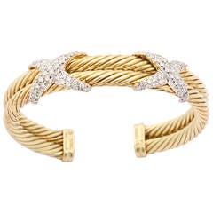 1990s David Yurman Two Row Diamond Gold Cable Bracelet