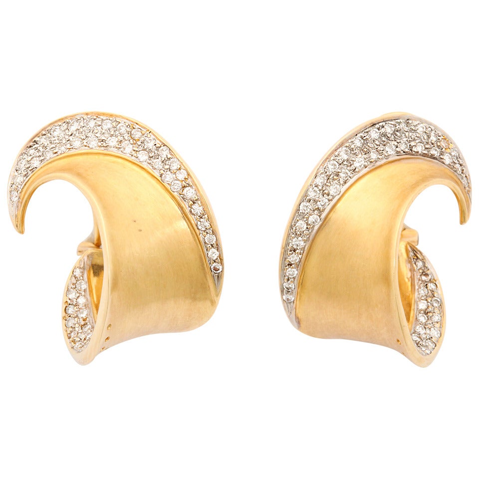 1980s Diamond Gold Swirl Earrings For Sale