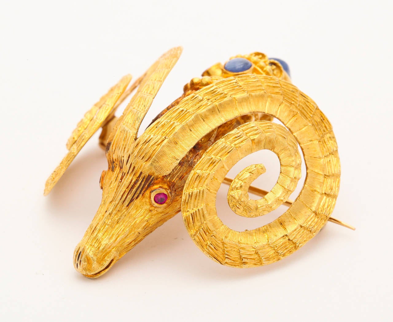 Byzantine Ilias Lalaounis Ruby Sapphire Gold Ram's Head Brooch
