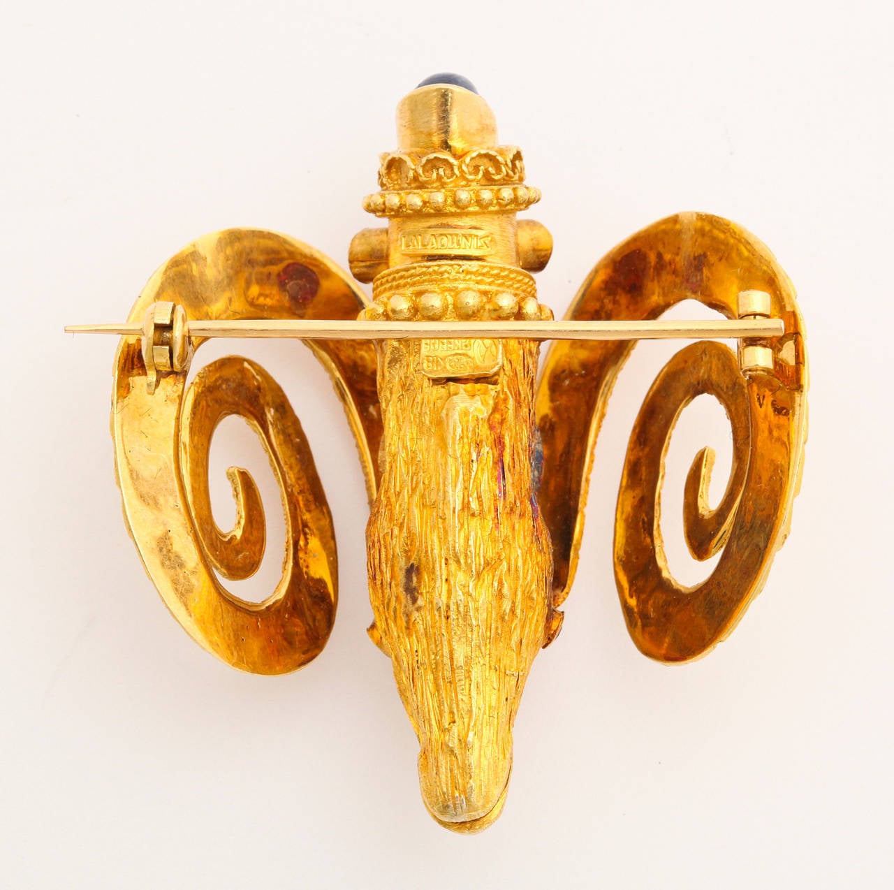 Ilias Lalaounis Ruby Sapphire Gold Ram's Head Brooch In Excellent Condition In New York , NY