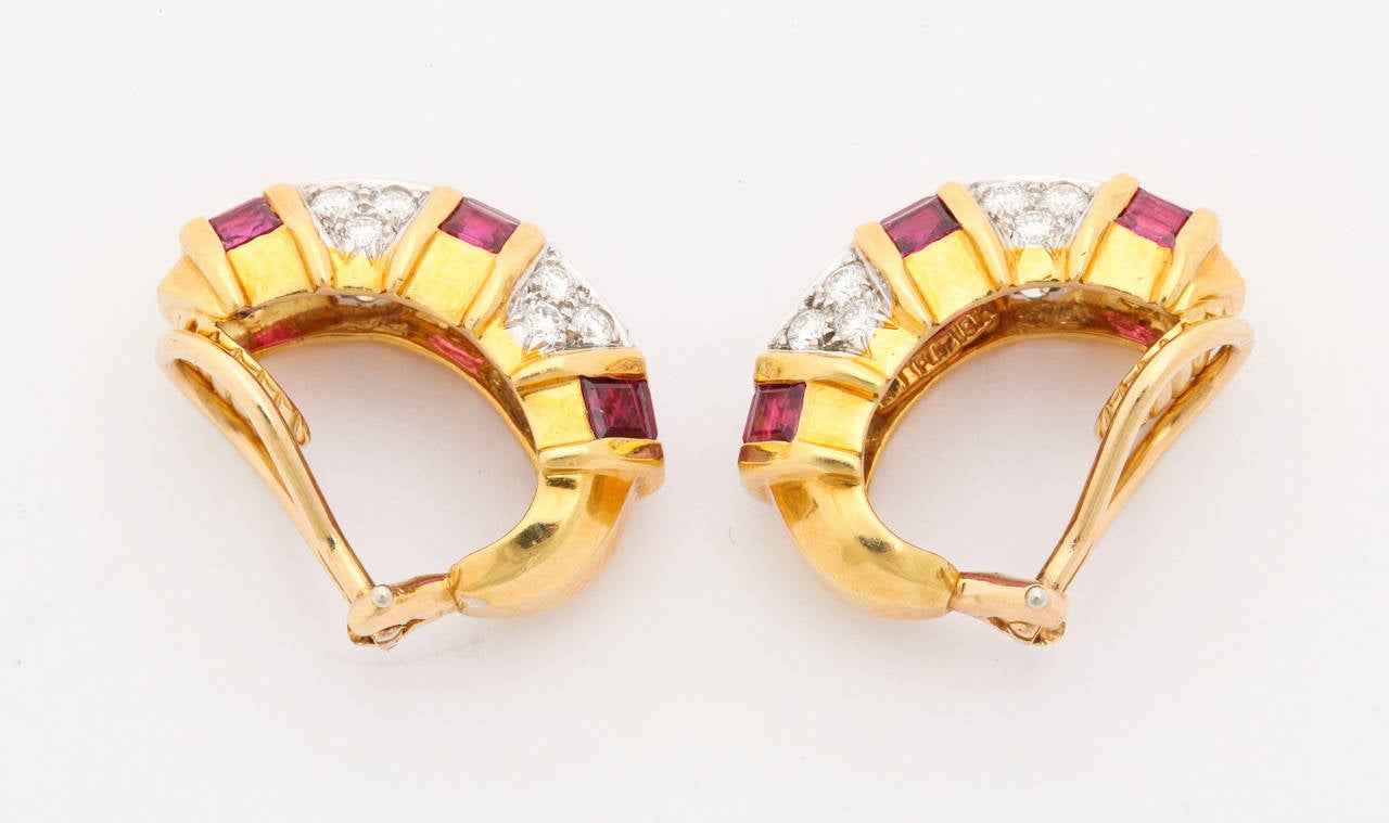 Ruby Diamond Gold Platinum Half Hoop Earrings In Excellent Condition For Sale In New York , NY