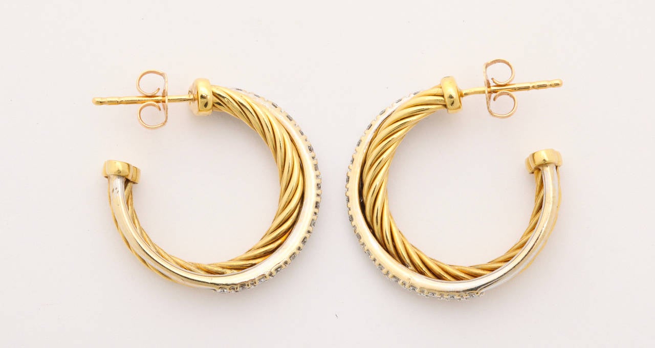 David Yurman Diamond Gold Crossover Hoop Earrings In Excellent Condition In New York , NY