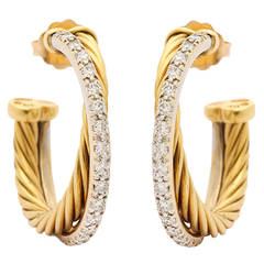 David Yurman Diamond Gold Crossover Hoop Earrings