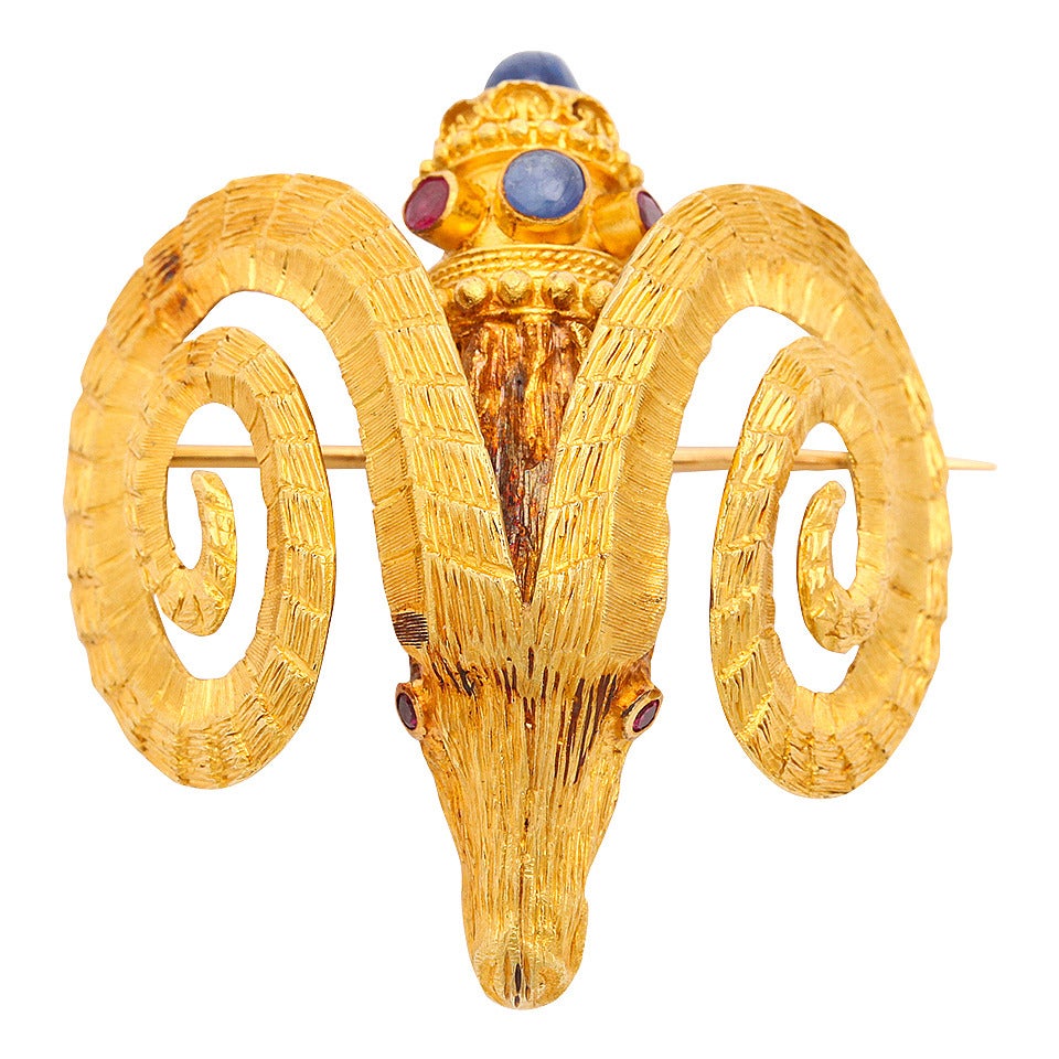Ilias Lalaounis Ruby Sapphire Gold Ram's Head Brooch