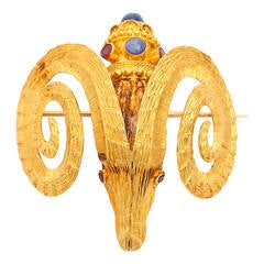 Vintage Ilias Lalaounis Ruby Sapphire Gold Ram's Head Brooch