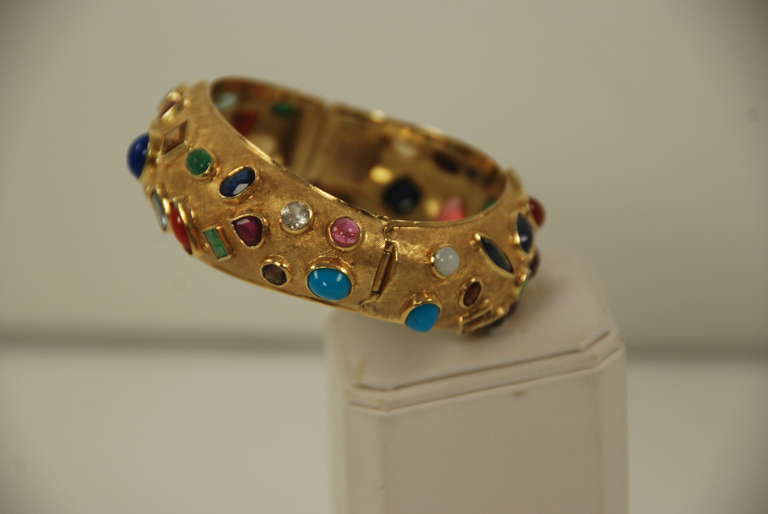 Women's Mid Century Multi Gem Stone Gold Bangle Bracelet