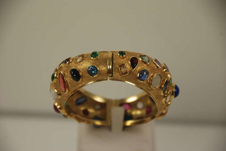 Mid Century Multi Gem Stone Gold Bangle Bracelet 1