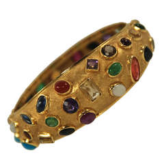 Mid Century Multi Gem Stone Gold Bangle Bracelet