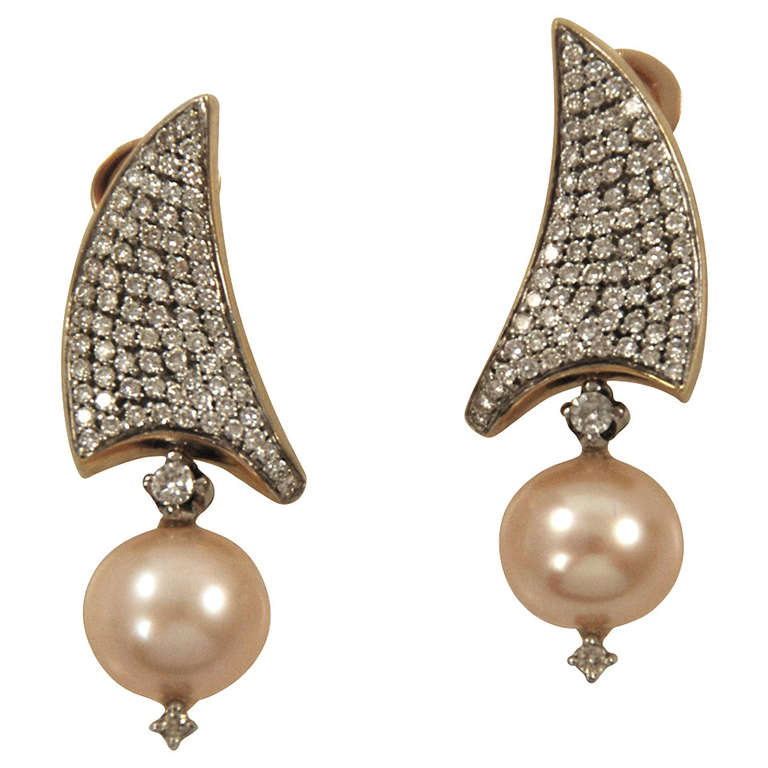 Diamond Pearl Gold Earrings For Sale