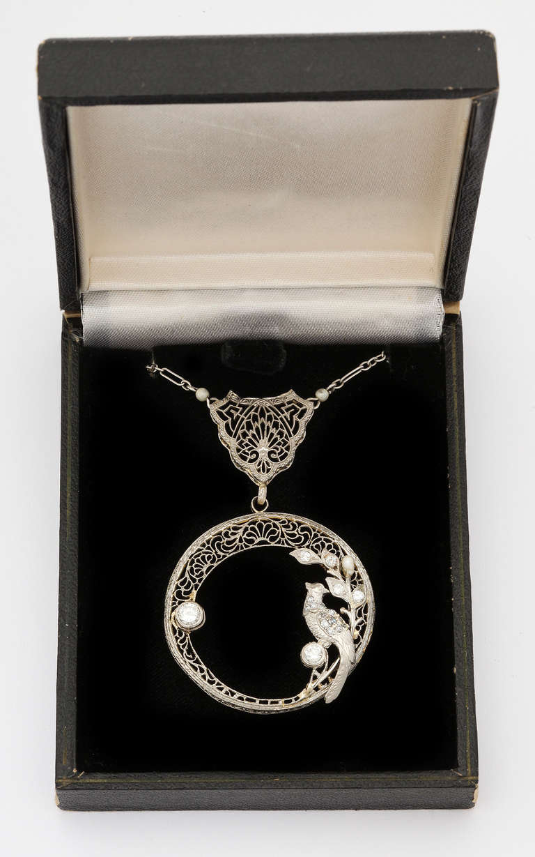 1920s Platinum over Gold Mine Diamond Filigree Necklace For Sale 2