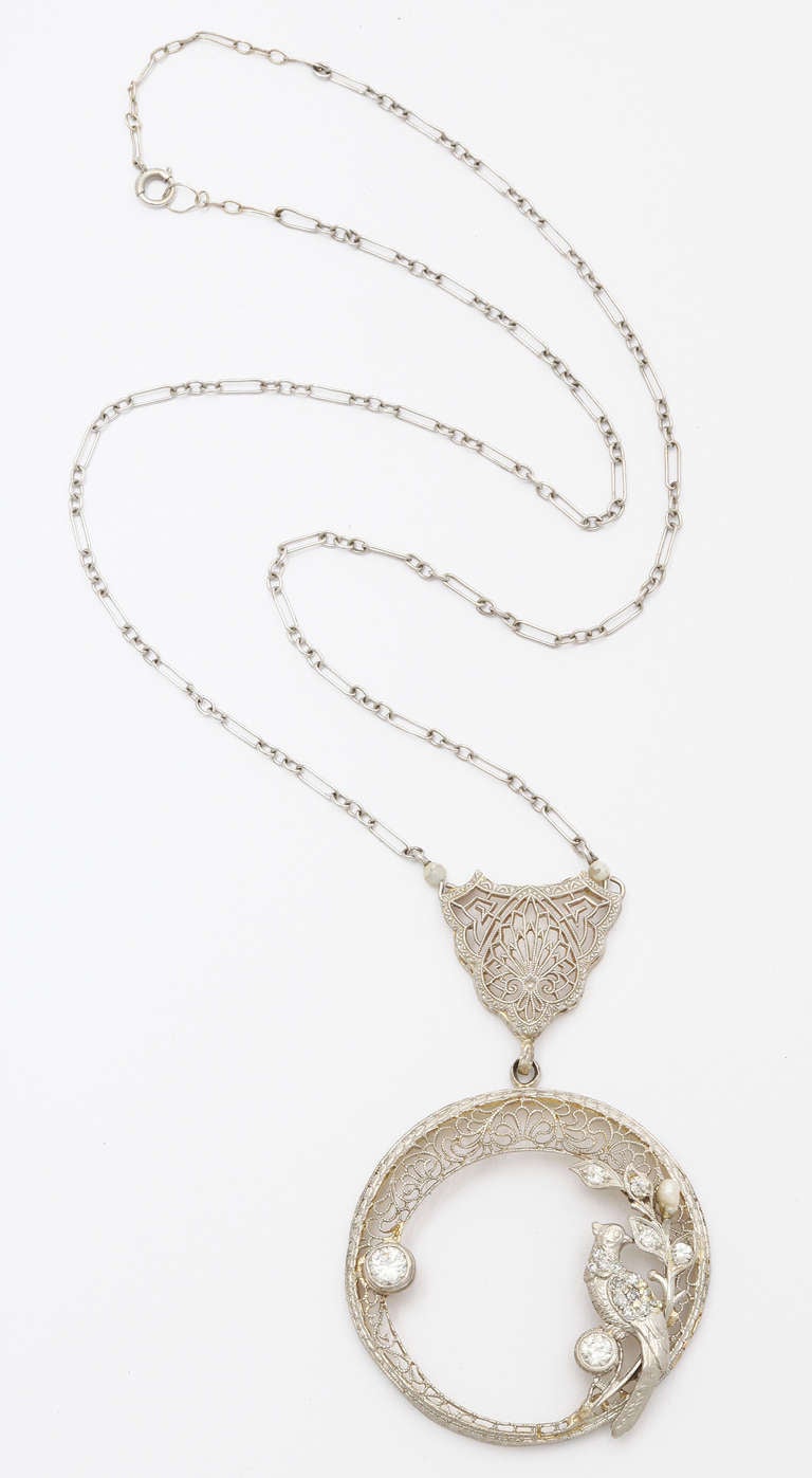 Art Nouveau 1920s Platinum over Gold Mine Diamond Filigree Necklace For Sale