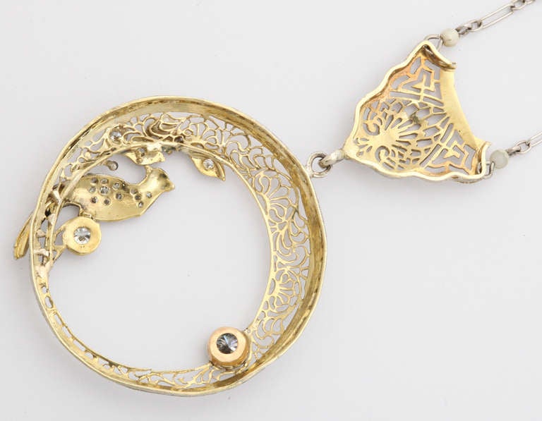 Women's 1920s Platinum over Gold Mine Diamond Filigree Necklace For Sale