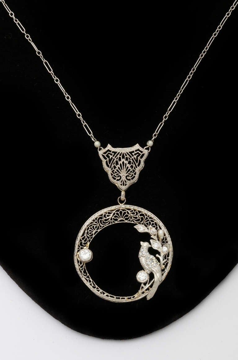 1920s Platinum over Gold Mine Diamond Filigree Necklace For Sale 1