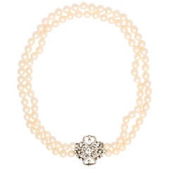 1950s Double Strand Pearl Necklace with Diamond Gold Clasp at 1stDibs