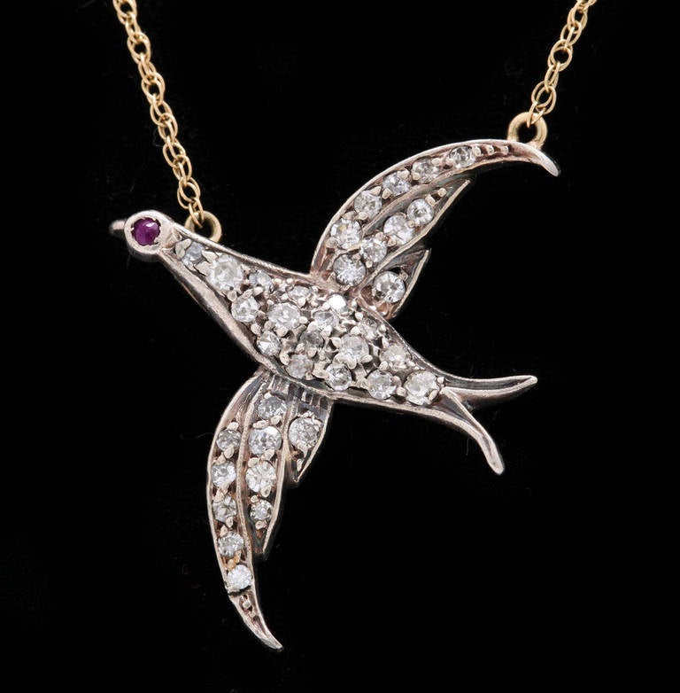 Early Victorian Rose Cut Diamond Bird Pendant on Chain In Excellent Condition For Sale In New York , NY