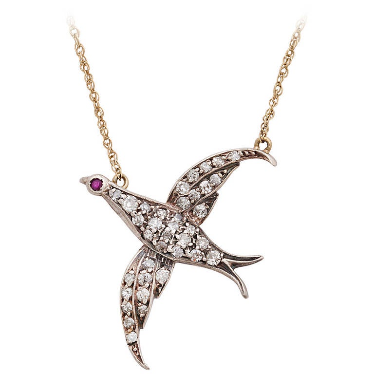 Early Victorian Rose Cut Diamond Bird Pendant on Chain For Sale