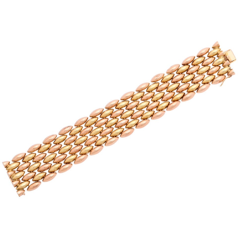 Retro Two Color Gold Wide Bracelet For Sale