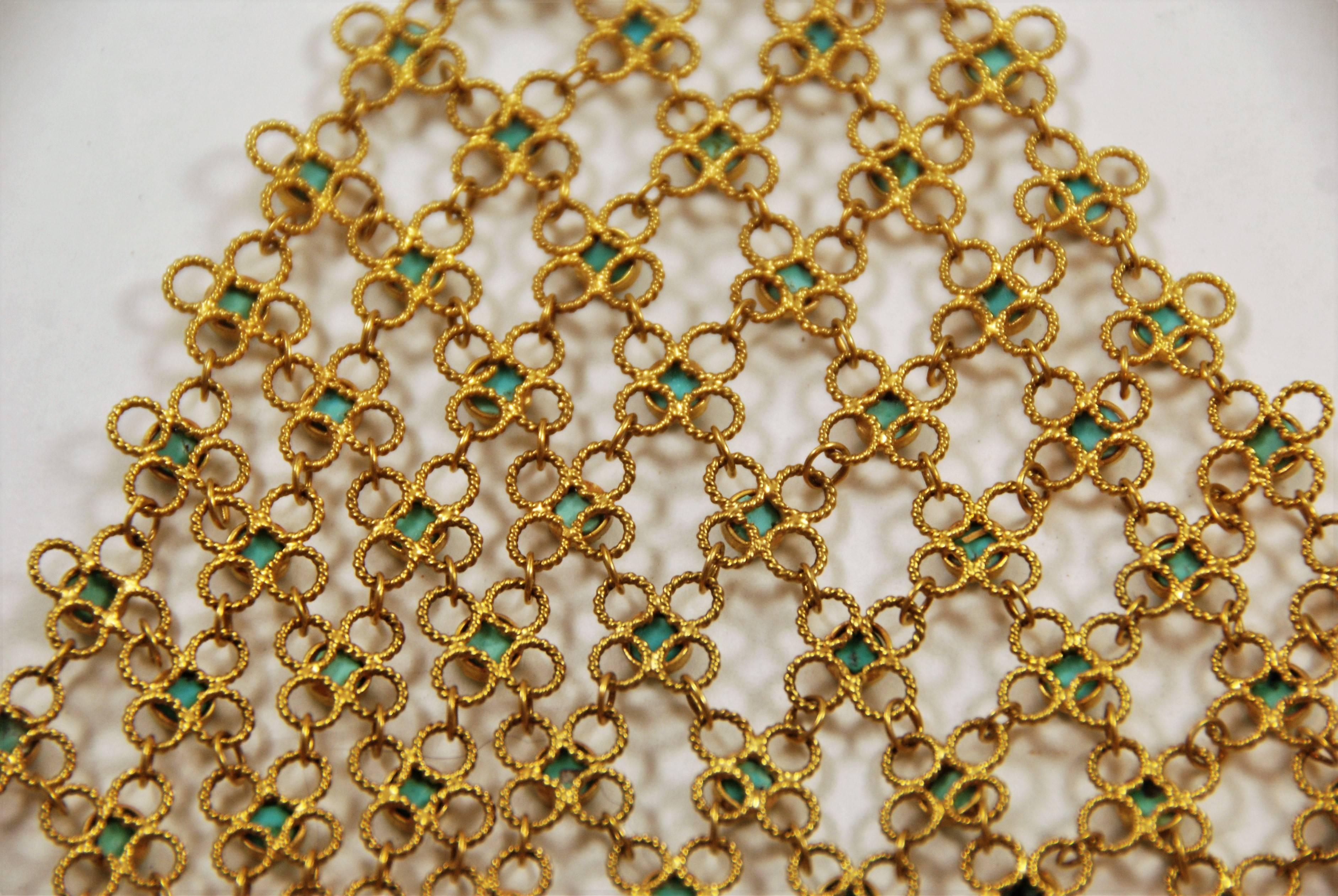 Turquoise Gold Bib Necklace In Excellent Condition In New York , NY