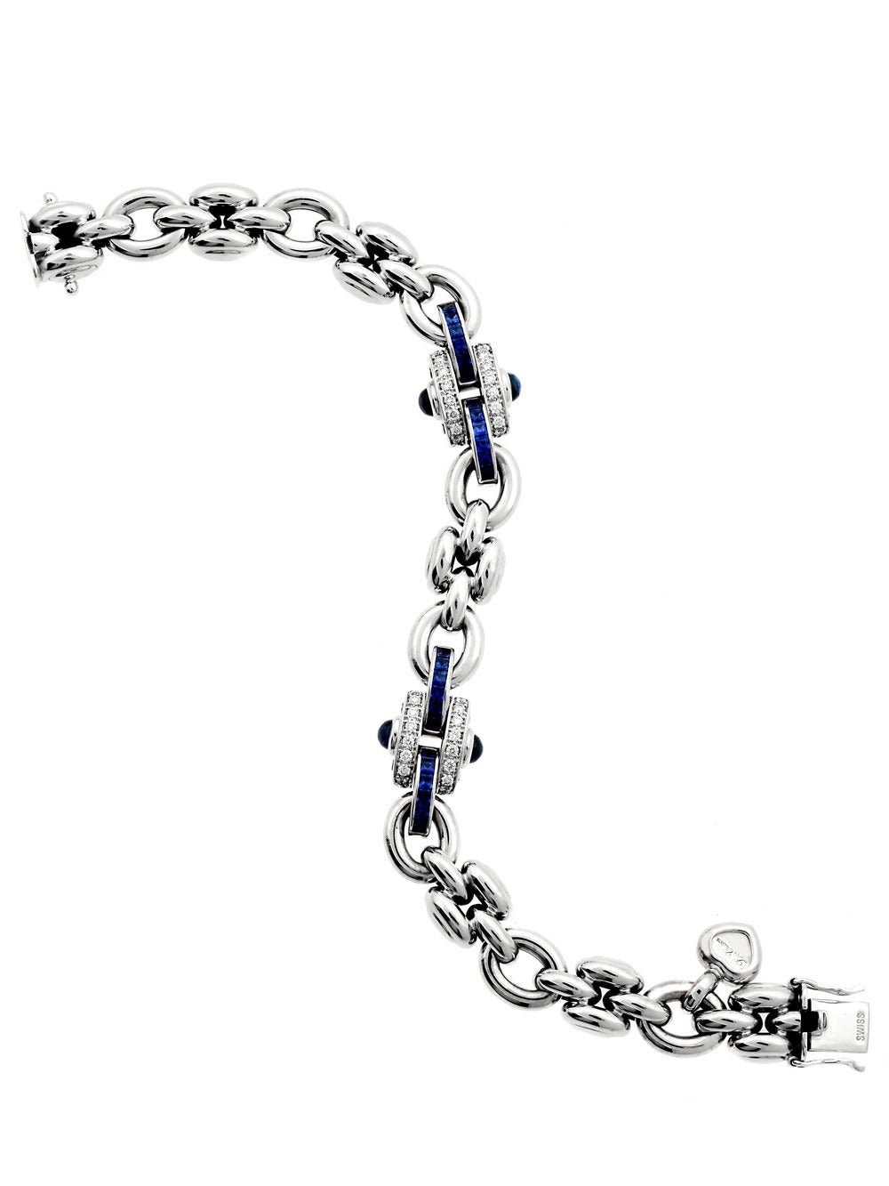 A luxurious authentic Chopard link style bracelet featuring rich blue sapphires and round brilliant cut diamonds set in 18k white gold.

Length: 7 1/2″
Dimensions: .55″ Inches wide
Weight: 53.7 grams

Inventory ID: 0000229