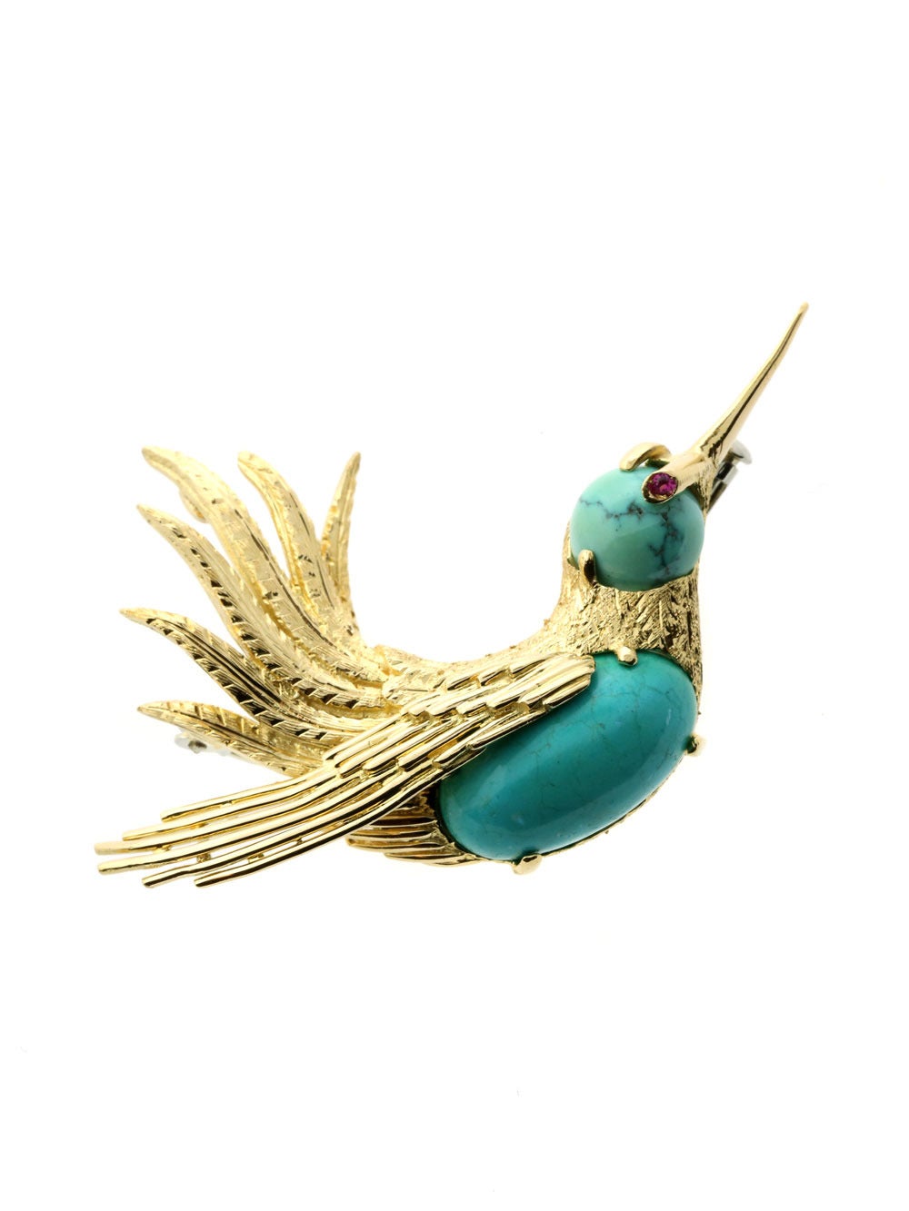 A marvelous authentic Cartier Hummingbird brooch accented with a smooth turquoise body and sparkling ruby set in 18k yellow gold.

Dimensions: 2.16″ wide by 1.53″ in length
Condition: As New (Professionally Cleaned & Polished By