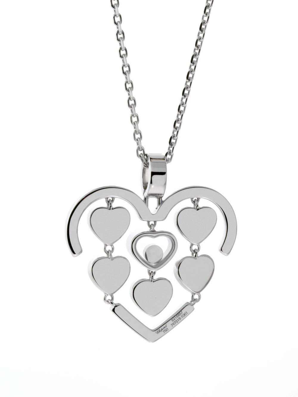 A fabulous Chopard necklace encapsulated with delicate hearts set with 45 of finest Chopard round brilliant cut diamonds (.27ct) set in 18k white gold.

Necklace Length: 16″
Pendant Dimensions: 1