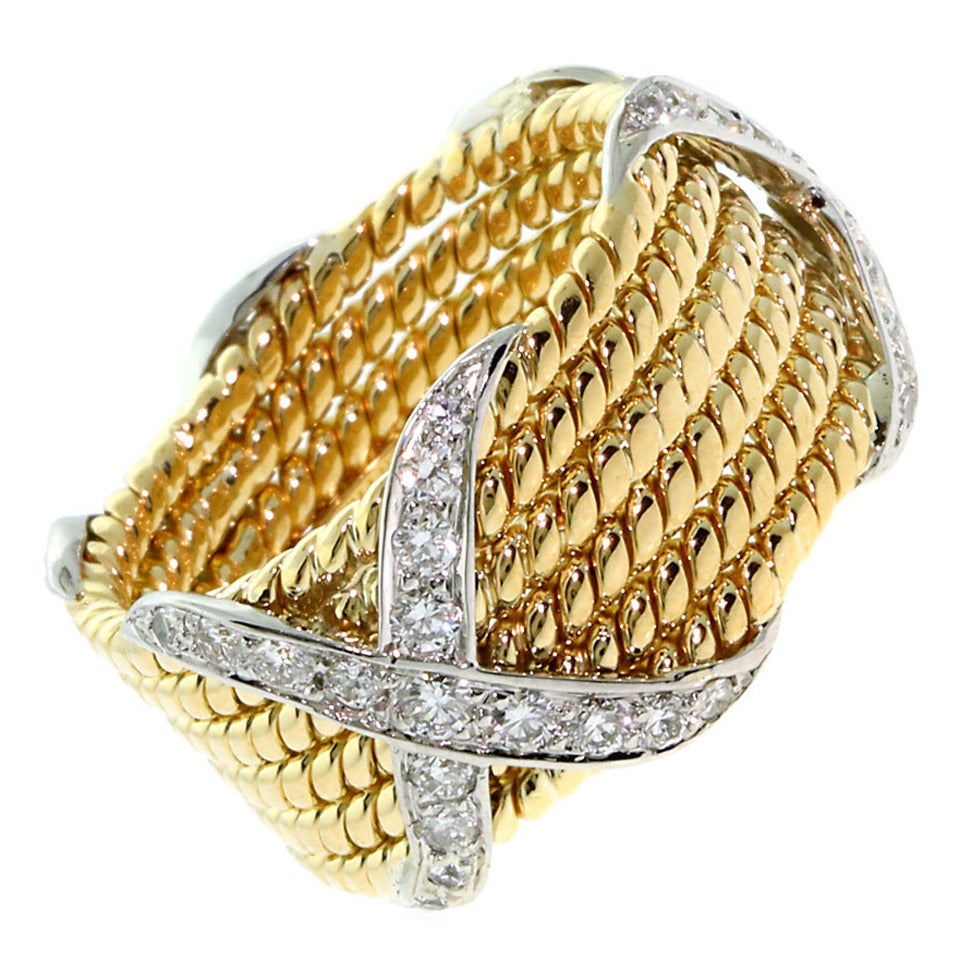Tiffany & Co. Schlumberger Six Row Diamond Gold Platinum Ring