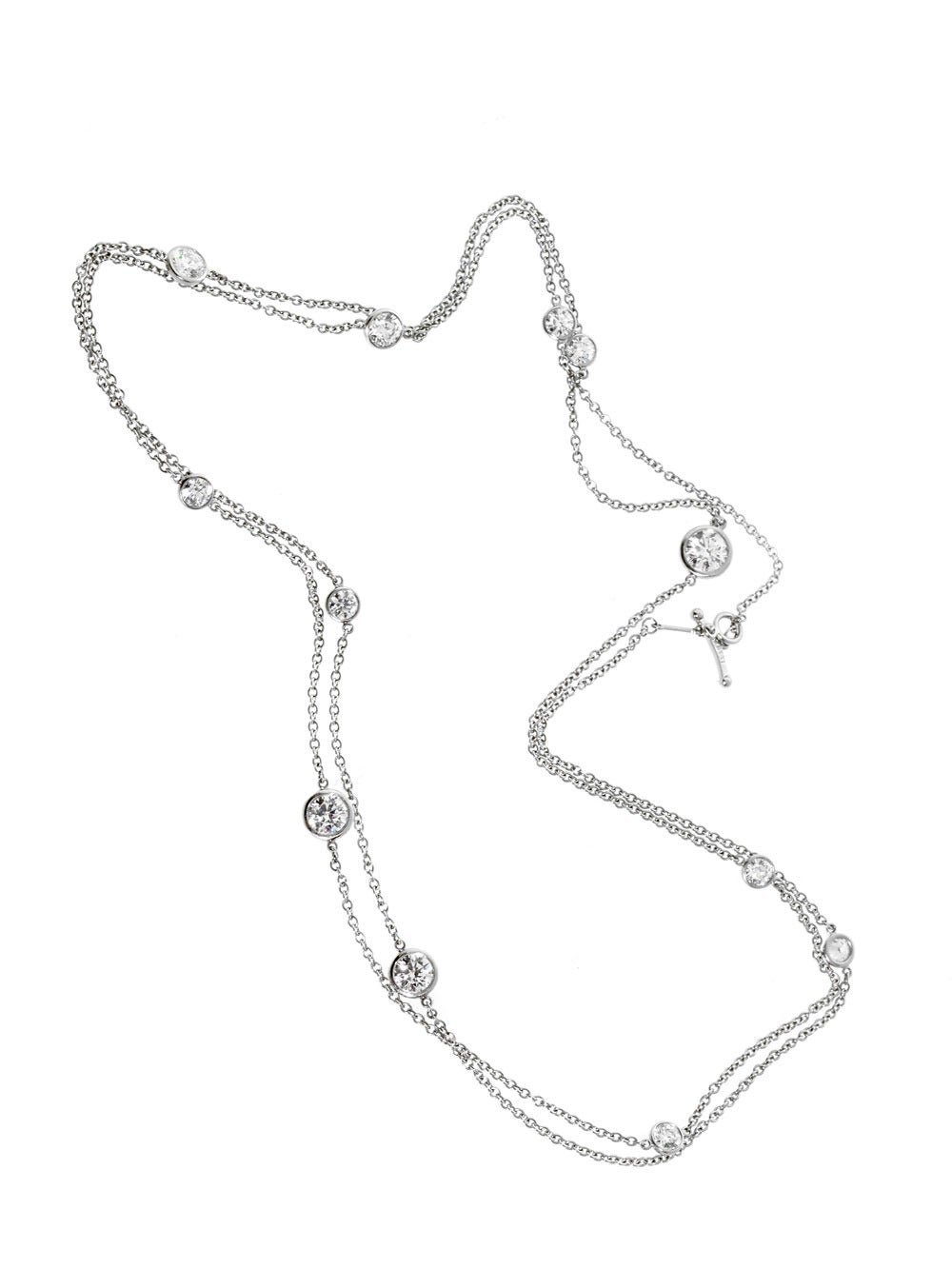 Breathtaking beauty and lavish luxury are just the start of things on this phenomenal Yard Platinum Necklace from Tiffany & Co. An impressive 4.75ct of brilliant Vs1 E-F Color Diamonds are distributed throughout the immaculate Platinum links,