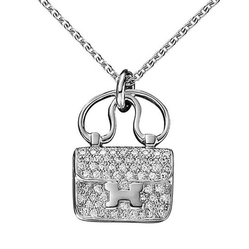 Hermes Constance Charm Diamond white gold Pendant Necklace For Sale