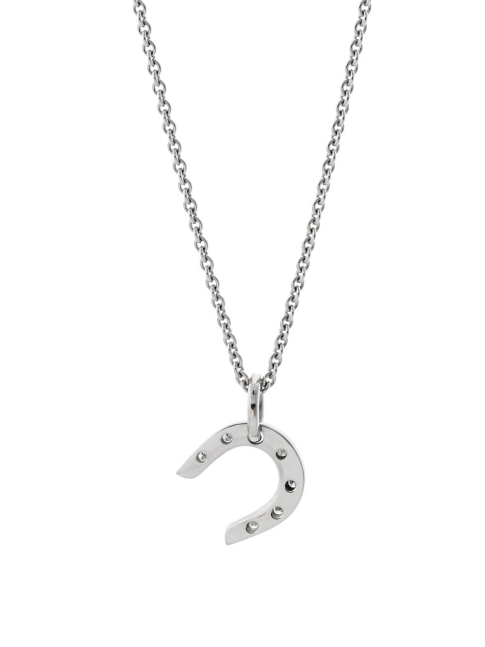 Get lucky with this iconic necklace by Hermes, crafted in 18k white gold and featuring 6 Vvs1 E-F Color Round Brilliant Cut Diamonds. The pendant measures 14mm wide (.55″ Inches) by 21mm in length (.82″ Inches) with a necklace measuring 15