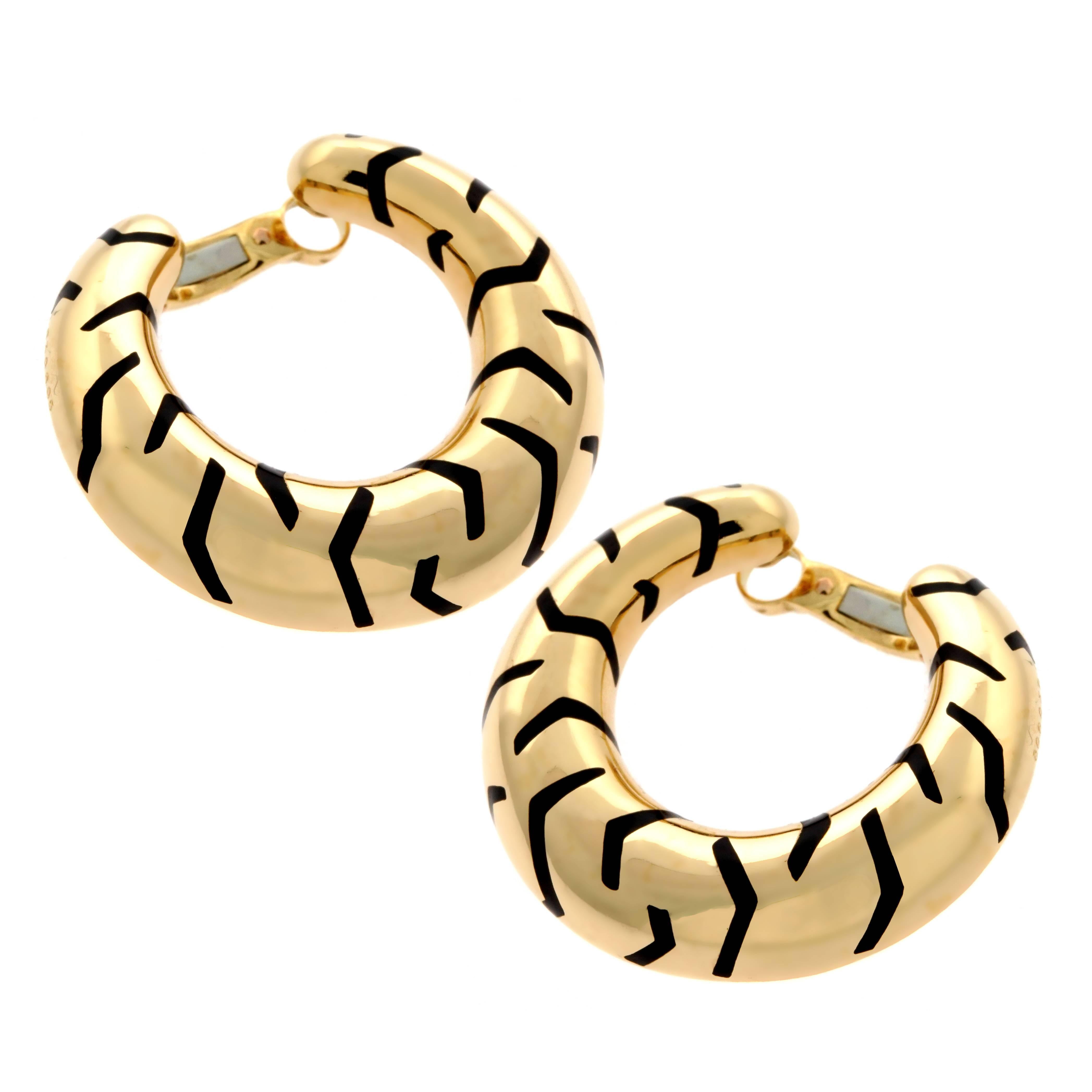 Cartier Duchess of Windsor Style Tiger Stripe Gold Hoop Enamel Earrings