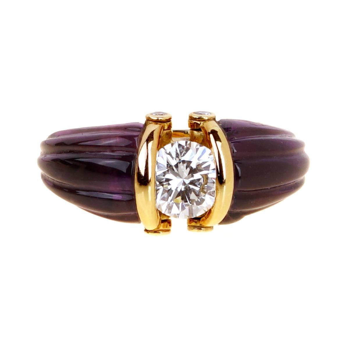 Dior Carved Amethyst Diamond Solitaire Ring For Sale