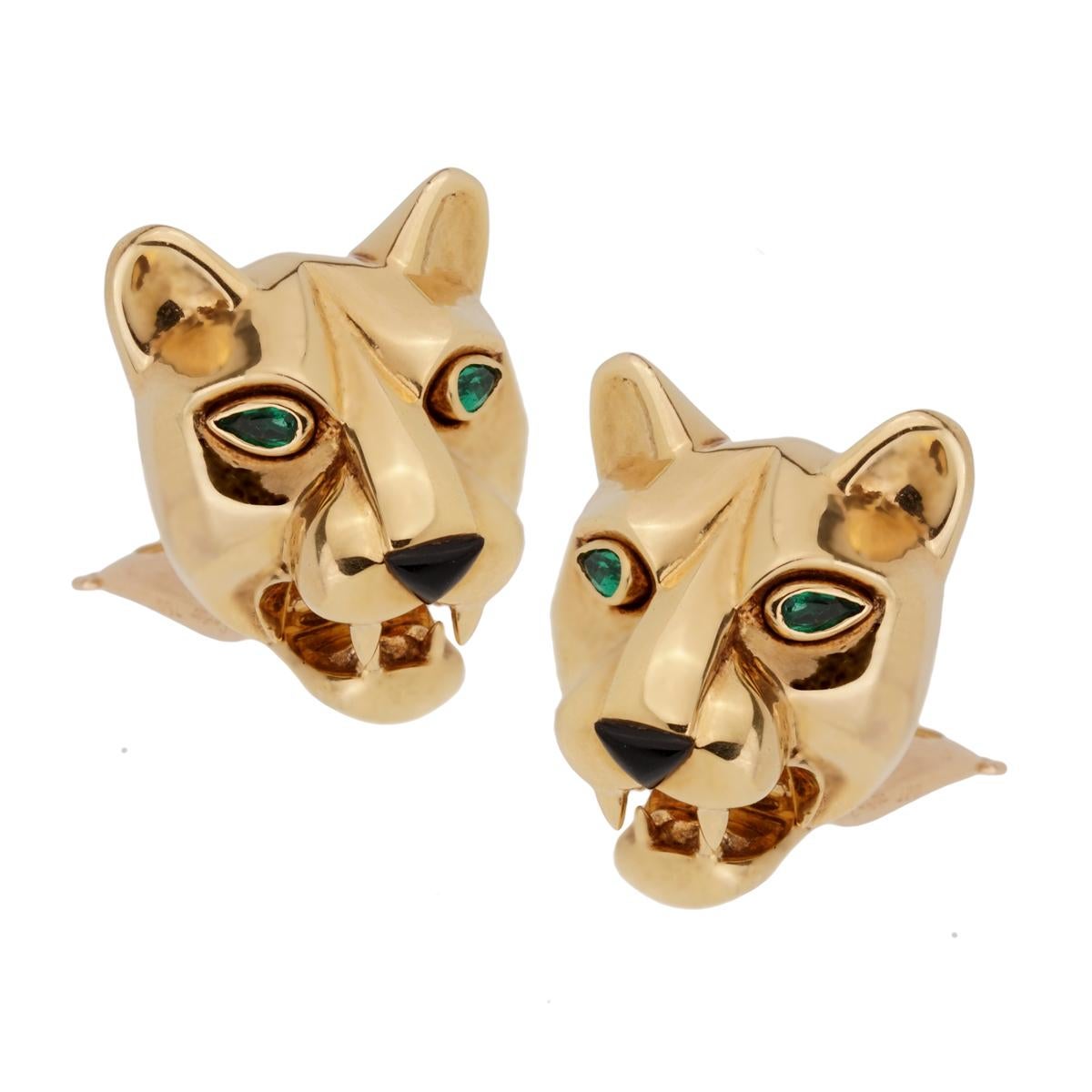 A magnificent pair of Cartier earrings from the iconic Panthere collection featuring Panthere motifs can be transformed into stud earrings. The earrings have a width of .66