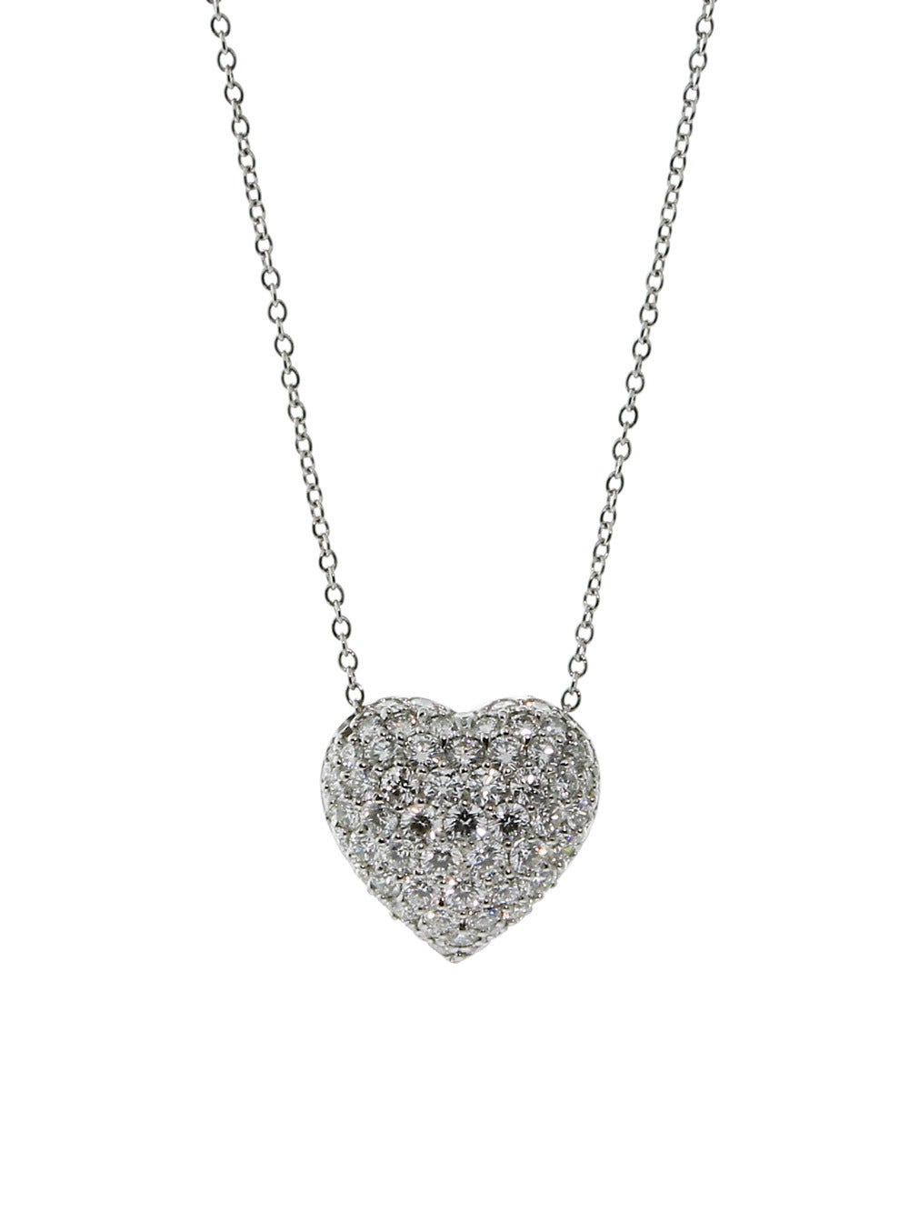 A chic Cartier necklace adorned with appx 2.3ct of Vs1 Round Brilliant Cut Diamonds set in Platinum. The heart measures .47