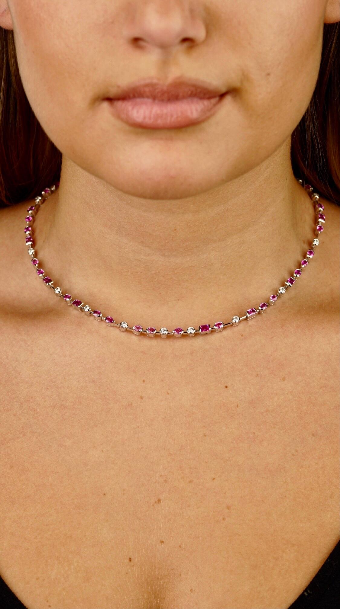 A rare Cartier necklace featuring Pink Sapphires and Round brilliant cut diamonds set in 18k white gold. The necklace measures 15