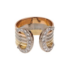 Cartier Double C Vintage-Ring aus 18-karätigem Dreifarbgold mit Diamanten