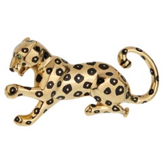 Cartier Panthere Brooch 18K Yellow Gold Black Enamel Emerald Eyes Vintage
