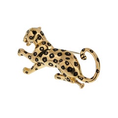 Cartier Panthere Brooch 18K Yellow Gold Black Enamel Emerald Eyes Vintage