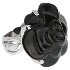 Chanel Camelia Large Onyx 18k White Gold Cocktail Ring Sz 5 1/2