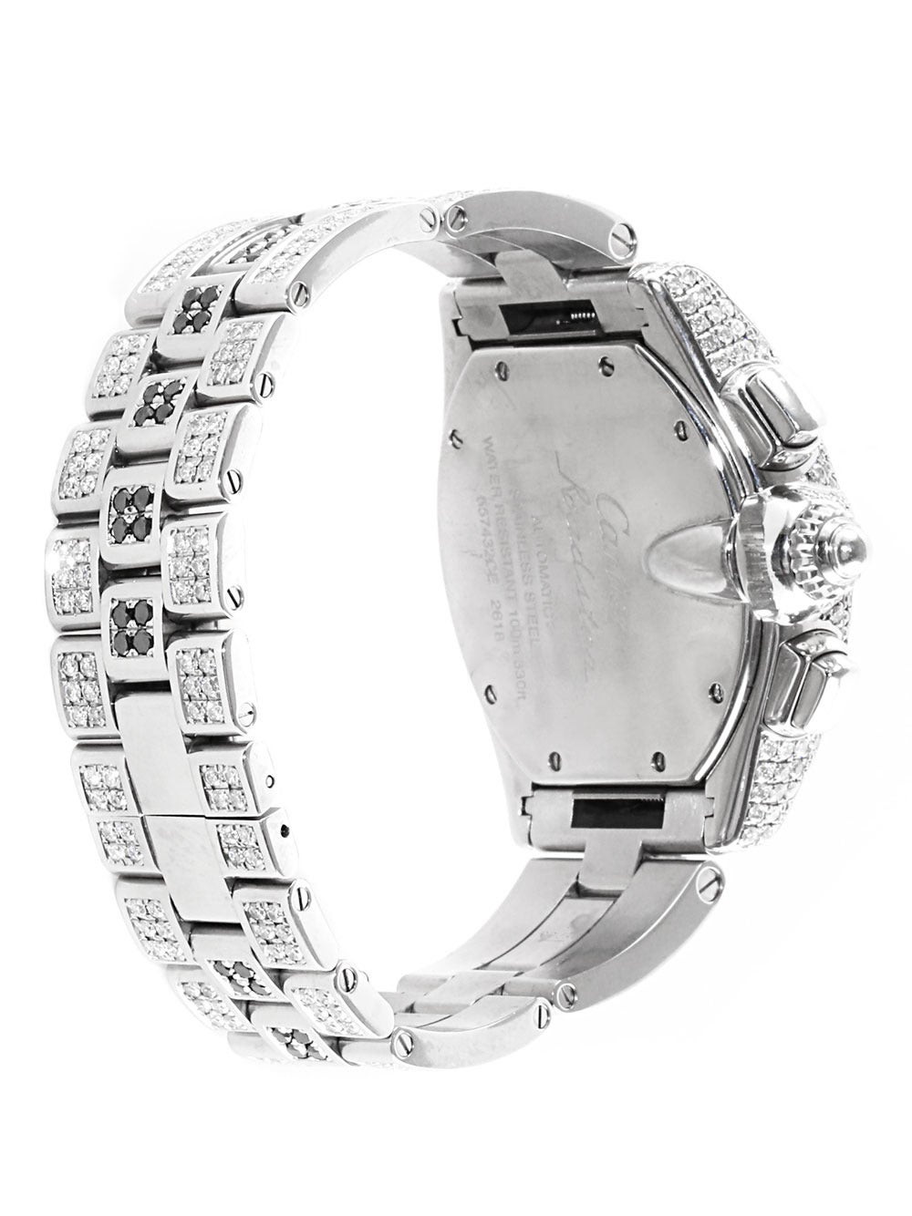 Cartier Roadster chronograph watch custom set with 13.3ct of round brilliant white and black diamonds.

Made of Stainless Steel
Collection: Roadster Chronograph
Stones: Black and White Diamonds
Dimensions: 48mm Wide (1.88 Inches) (Measured with