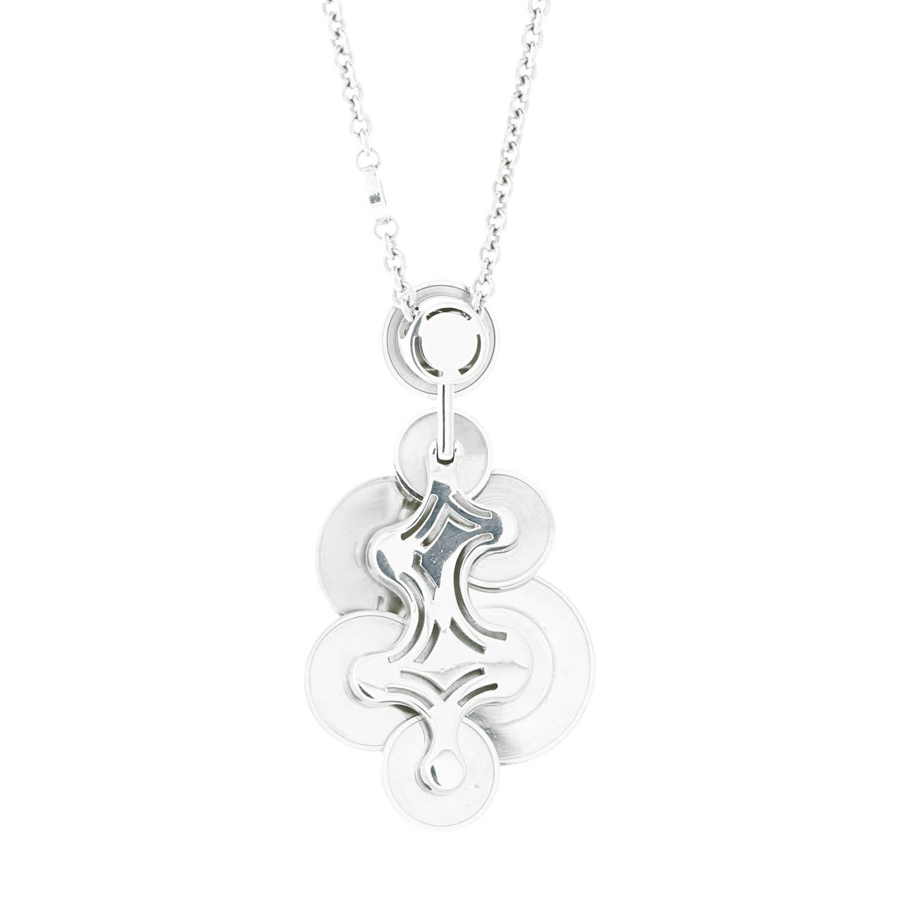 18k White Gold circles coalesce into an entrancing pattern on the pendant of this exceptional necklace from Bulgari's Cicladi collection. Dual BULGARI hallmarks are engraved into the faces of the two most prominent circles, as well as on several