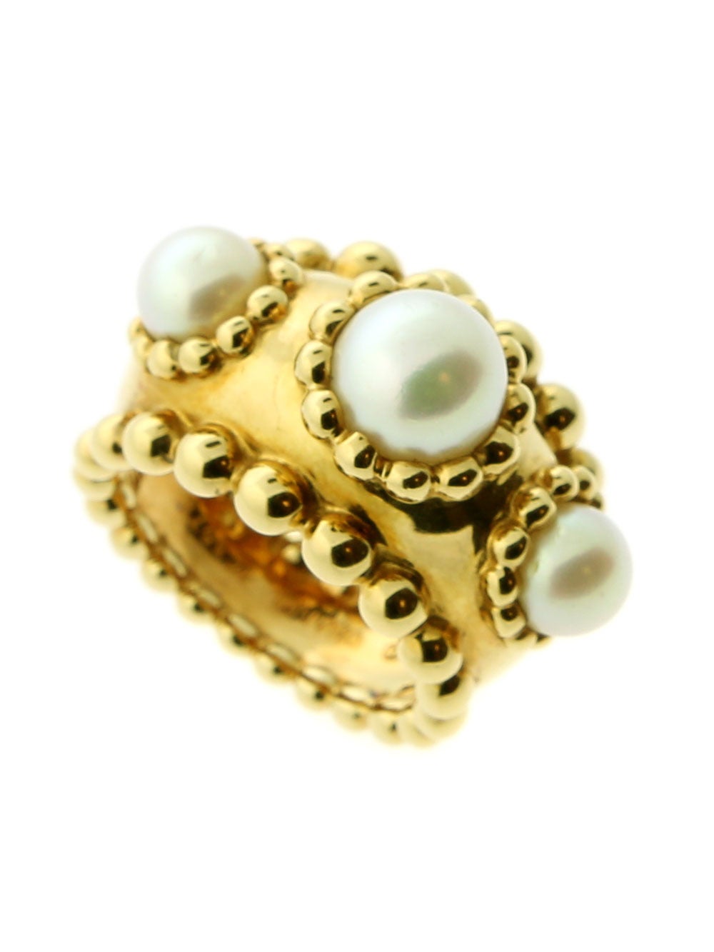 Here’s a chance to own a fine estate piece from Chanel fitted with 3 stunning Pearls within its 18K Yellow Gold housing. This ring is a unique piece that is perfect for any occasion, day or night. The ring is in excellent condition and we don’t