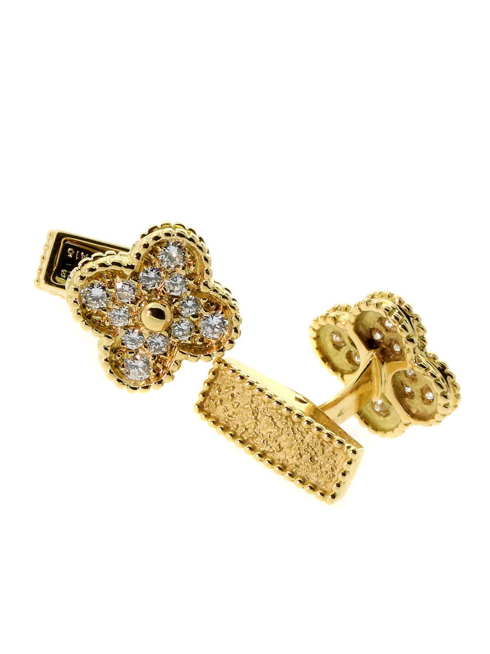 A magnificent pair of authentic Van Cleef & Arpels Alhambra cufflinks in 18k yellow gold set with the finest Van Cleef & Arpels round brilliant cut diamonds (.94ct) Dimensions: 15mm (.59″ inches) in diameter

See a high resolutions video, type 