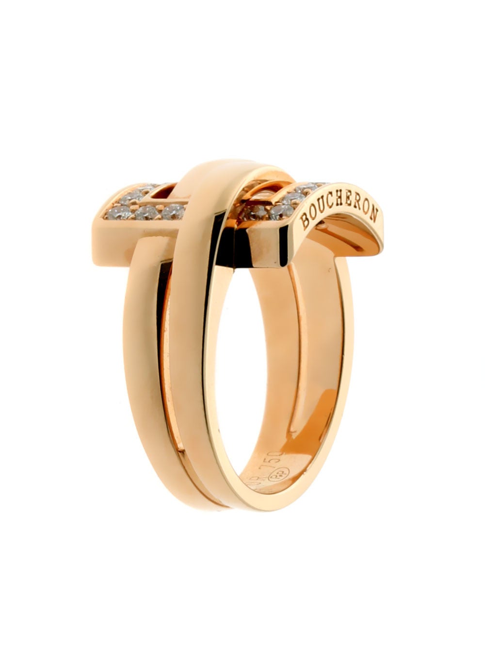 This unique Boucheron designer ring has a bold style all its own. Round brilliant cut diamonds are set in warm 18k rose gold. This contemporary piece is a must-have ring for your designer collection.

Diamonds: 22 Round Brilliant Cut Diamonds