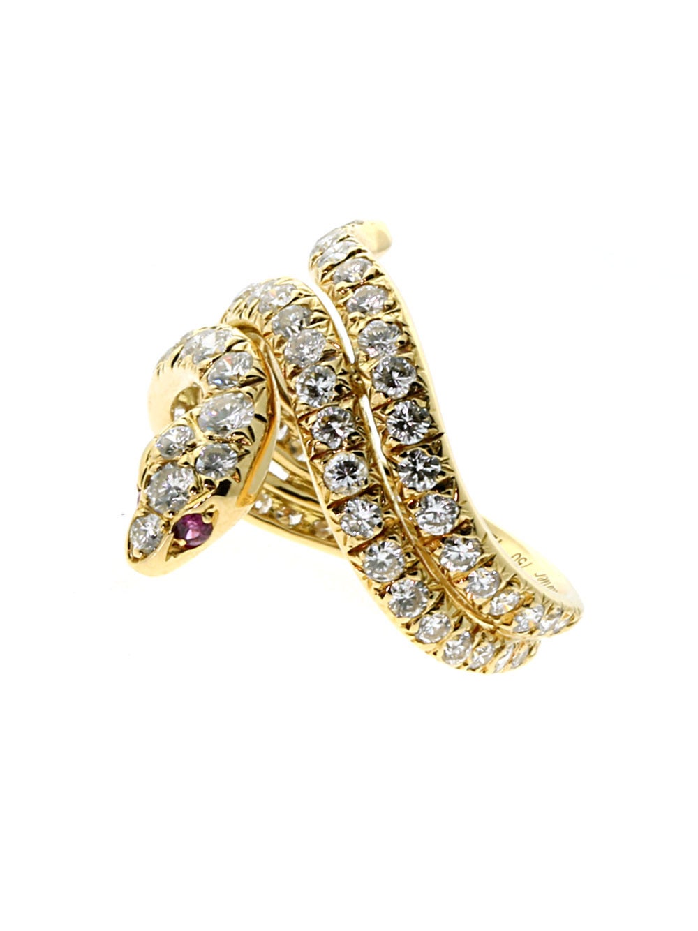 A chic Cartier ring featuring an alluring snake design paved with the finest Cartier round brilliant cut diamonds set in 18k yellow gold. 

Size:  US 5
Measurements: .82″ Inches wide

Inventory ID: 0000142